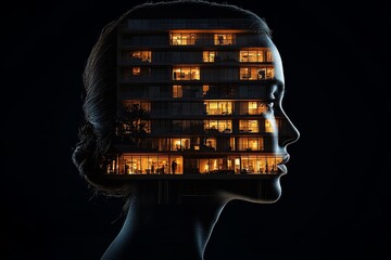 Silhouette of a thinkers profile illuminated by a buildings lights exploring urban intellectual themes