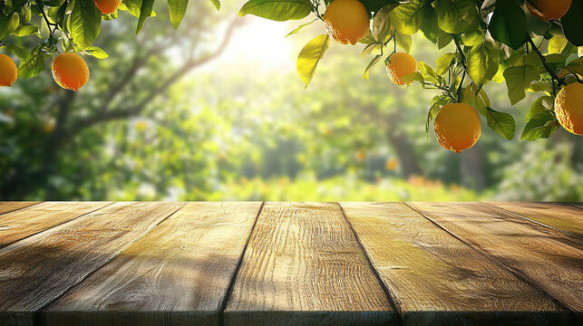 Empty wooden table top with a blurred background of summer nature and fruit trees