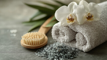 A serene spa composition featuring a soft white plush towel, a delicate orchid, and gray bath salts arranged on a smooth surface. The image evokes a sense of relaxation and self-care.