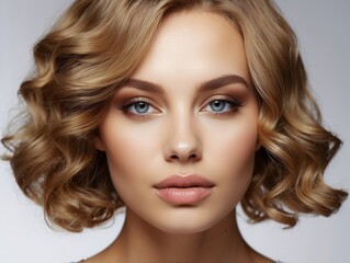 Fototapeta premium Close-up Portrait of a Woman with Blonde Curly Hair and Soft Makeup