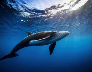 Obraz premium A playfull humpback whale swimming in clear blue ocean 