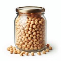 Cooked pickled chickpeas in a glass jar isolated on a white background