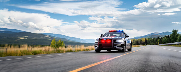 A police car with flashing lights driving down an open highway, set against a scenic landscape of mountains and open fields.