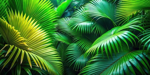 Naklejka premium Vibrant abstract background featuring a mesmerizing texture of layered tropical leaves from the green palm family, evoking a sense of lush jungle serenity.