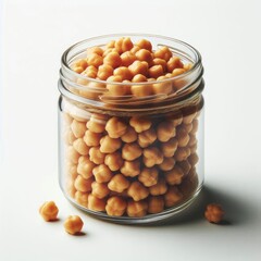 Cooked pickled chickpeas in a glass jar isolated on a white background