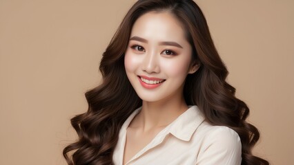 Close-up Portrait of a Smiling Woman with Long Wavy Hair