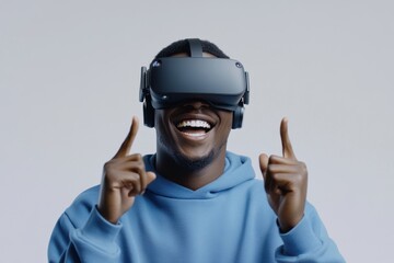 A happy smiling man wearing a VR headset with a face filled with excitement against a grey background, high technology futuristic device, minimalistic professional photoshoot setting