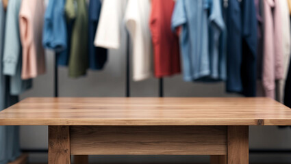 Fototapeta premium Wooden empty table mockup with bokeh clothes rack background