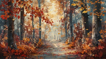 Fototapeta premium A Path Through Autumnal Forest with Falling Leaves