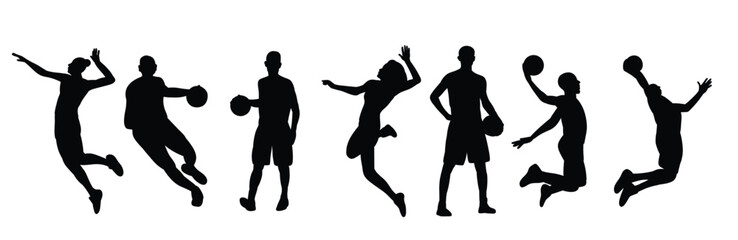 Basketball players set silhouette white background vector