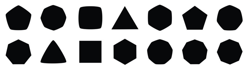 Set of geometric shapes, polygons with various number of sides triangle, quadrangle, pentagon, hexagon, heptagon, octagon, nonagon icons collection, sharp and slightly rounded version.