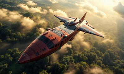 sci fi aircraft over an ancient city 