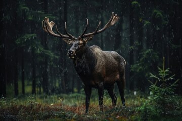 Fototapeta premium Beautiful animal in the nature habitat. Elk or Moose, Alces alces in the dark forest during rainy day