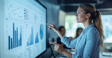 A female business professional presenting a digital report in front of a screen with graphs, charts and data visualization lines in a professional office setting, technology and stability concept