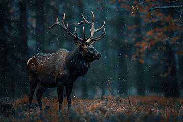 Beautiful animal in the nature habitat. Elk or Moose, Alces alces in the dark forest during rainy day
