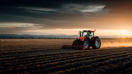 Obraz premium A powerful red tractor plowing a vast field at sunset, with dramatic clouds and golden light enhancing the rural setting.