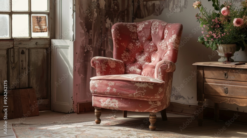 Wall mural a charming vintage velvet armchair with a faded rose pattern and wooden legs bringing charm and char