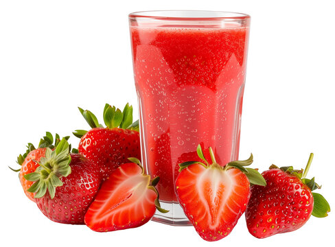 Um copo de suco natural de morango em fundo transparente.	