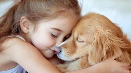 A little girl hugging a dog and kissing it on the nose, AI
