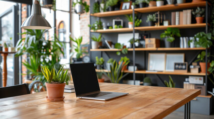 Fototapeta premium Contemporary office setup with a laptop on a wooden desk surrounded by potted plants, blending technology and nature in a productive environment.