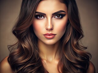 Fototapeta premium A stunning young woman with rich brunette hair and flawless skin gazes directly into the lens, her captivating brown eyes overflowing with warmth and sincerity.
