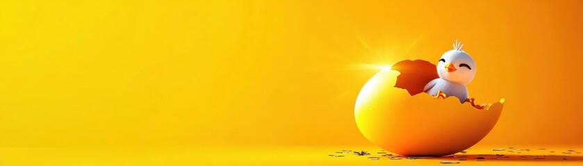 Obraz premium Fresh Start - Cartoon Cracked Egg with Chick Peeking Out, Symbolizing New Beginnings and Life, Flat Design Illustration with Copy Space for Text
