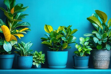 Fototapeta premium Blue Potted Plants on Shelf: A vibrant arrangement of potted plants in various shades of green, showcasing their lush foliage against a striking blue background. The plants are displayed on a shelf, c