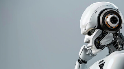A close-up of a futuristic humanoid robot in a thoughtful pose, showcasing advanced artificial intelligence and technology.