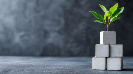 Small green plant growing on stacked concrete blocks, symbolizing resilience and growth in a challenging environment.