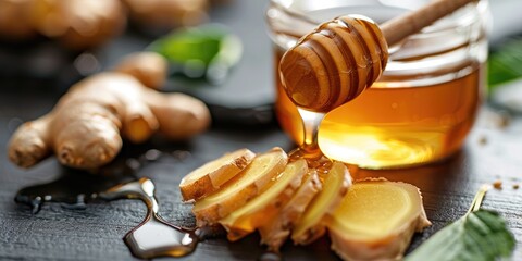 Closeup of honey and ginger on a black wooden table Natural remedies for colds - Powered by Adobe