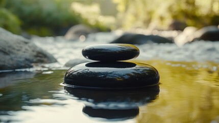 zen stones balanced in a serene river setting for tranquility and meditation