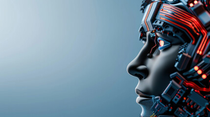 Side profile of a futuristic robot head with intricate circuits, symbolizing artificial intelligence and advanced technology.