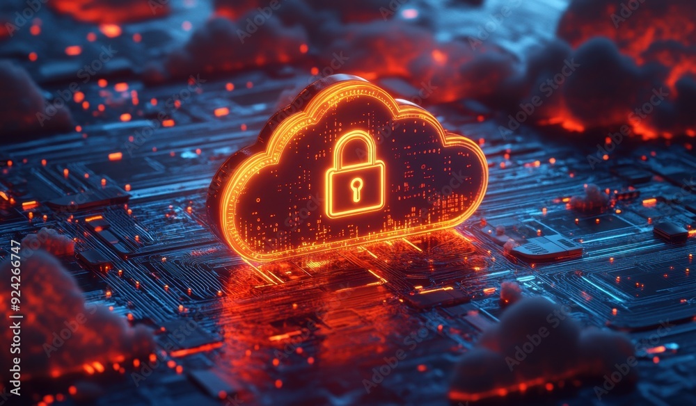 Sticker digital illustration of a padlock icon inside a cloud representing cyber security in technology, neo