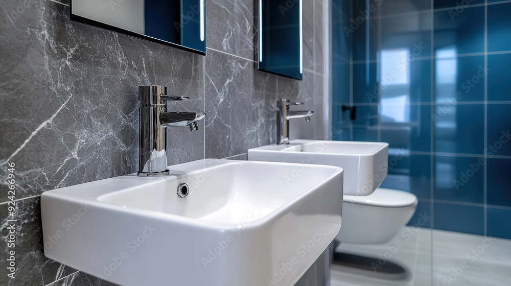 Wall mural a bathroom with a white sink and blue tiled walls, ai