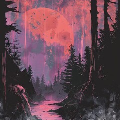 A surreal forest scene with a large red moon and a river flowing through the landscape