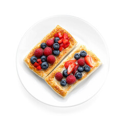 Tasty puff pastries with berries isolated on white, top view