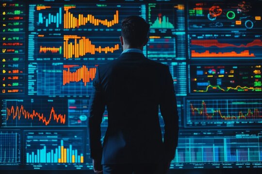 Man monitors real time data analytics on multiple screens in a high tech network operations center