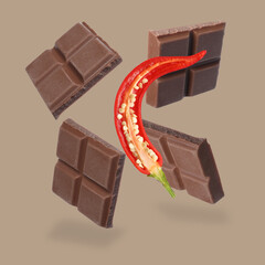 Pieces of chocolate and chili pepper in air on beige background