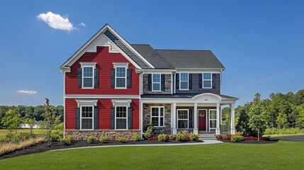 A red two-story house with a front porch and a walkway leading to the door.