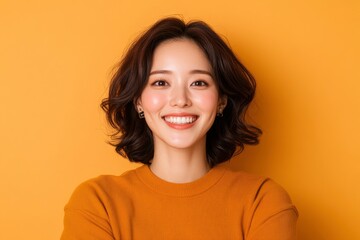 Fototapeta premium Asian Woman Smiling With A Wristwatch, Isolated Over A Beige Background