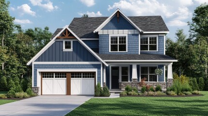 Two-story blue house with white trim, garage, and front porch.