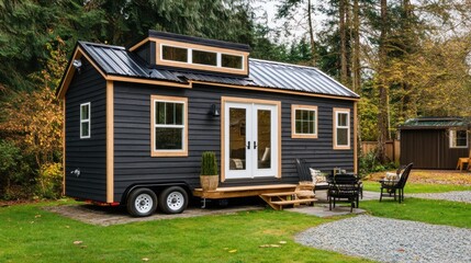 A black tiny house with a wooden trim and a black metal roof, surrounded by lush green trees. The house has a patio with two chairs, a potted plant and a wooden step to the front door.