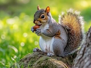 Naklejka premium Curious Grey Squirrel Perched on Oak Branch Enjoying an Acorn, Nature's Delicacy. Wildlife and Forest Habitat in a Serene Setting.