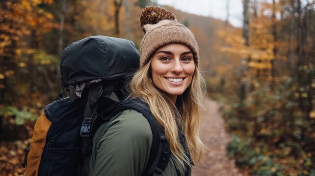 portrait of a mid 20's female in hiking gear on a trail