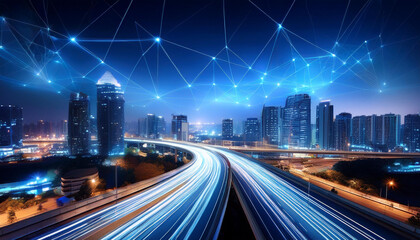 Fototapeta premium Interconnected modern city street lights, blue environment