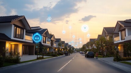 Suburban neighborhood with futuristic icons of smart homes and autonomous vehicles, at sunset.