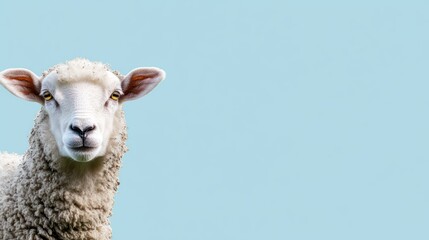 Obraz premium Close-up of a white sheep's face with soft, fluffy fur against a light blue background.