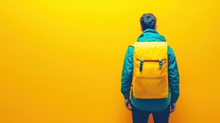 A man wearing a teal shirt and black pants with a yellow backpack facing a bright yellow wall.