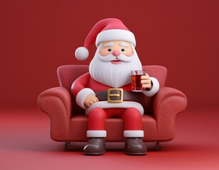 3D Santa Claus relaxes in a red armchair with a glass of eggnog in his hand, 3D illustration