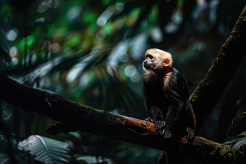 White-headed Capuchin, black monkey sitting on tree branch in the dark tropical forest